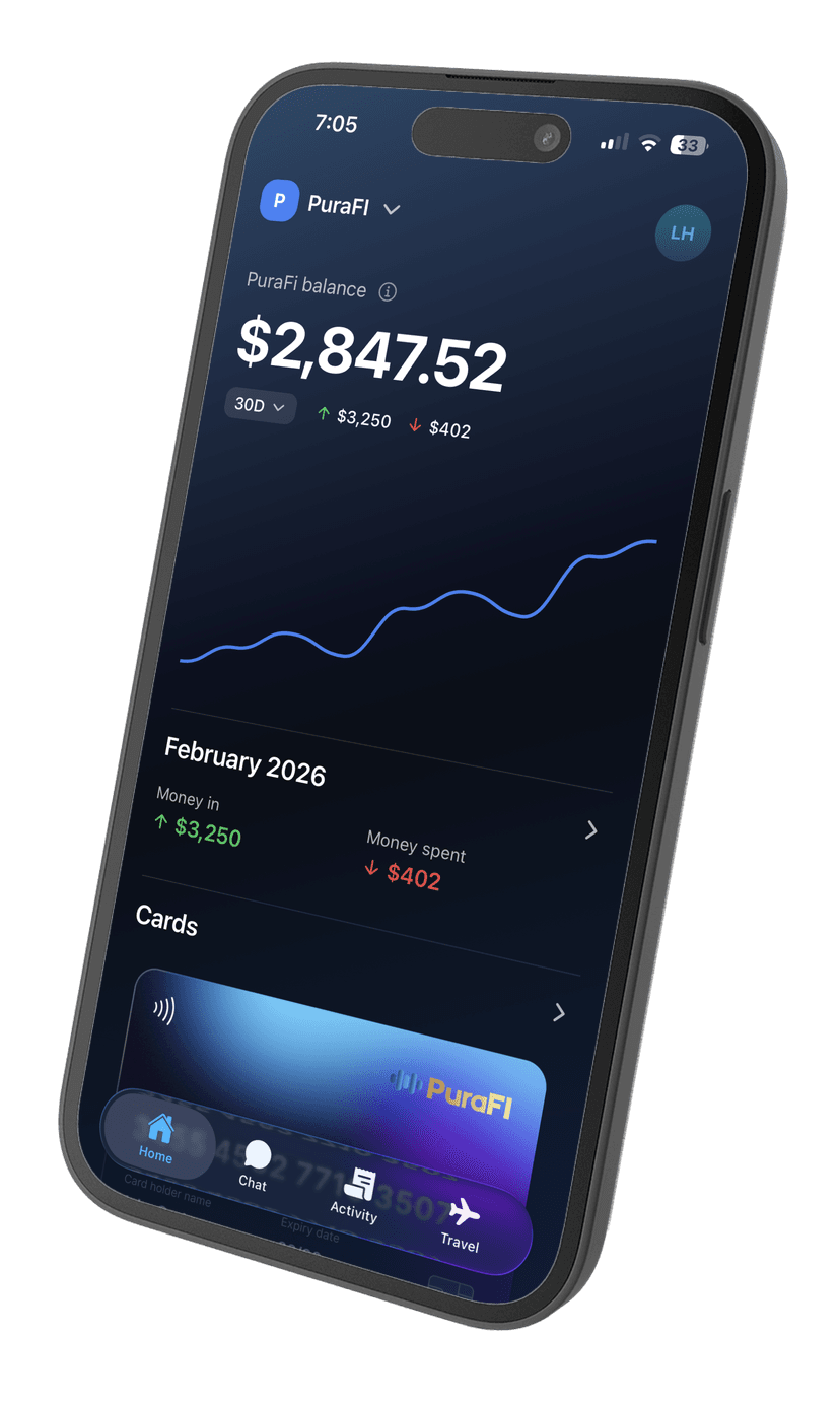 PuraFi mobile app showing balance and card