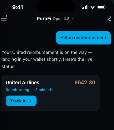 PuraFi mobile app tracking a live reimbursement to the wallet
