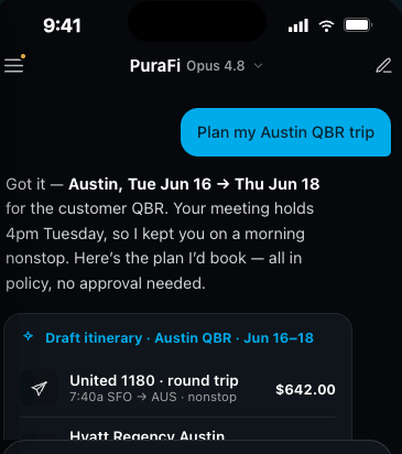 PuraFi mobile app drafting an in-policy trip